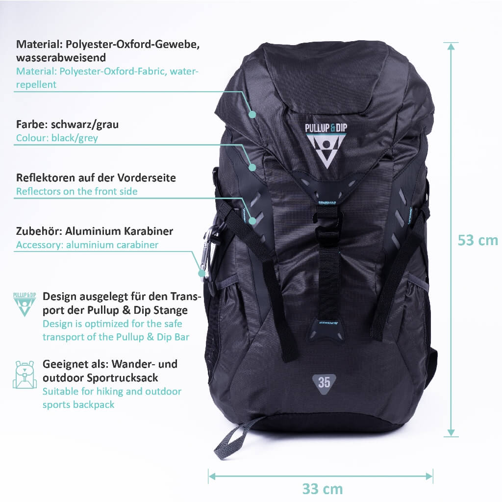 Sports Backpack 35L for Accessories and Pullup & Dip Bar